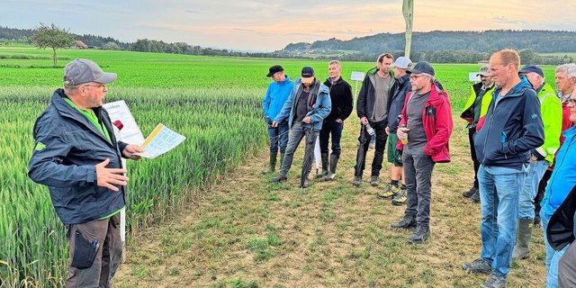 «Der plustert sich so auf und wirkt wie ein Bluffer»: Adrian Füchter, links im Bild, erklärt den Teilnehmern, warum man bei der Düngung vom Montalbano nicht sparen soll.