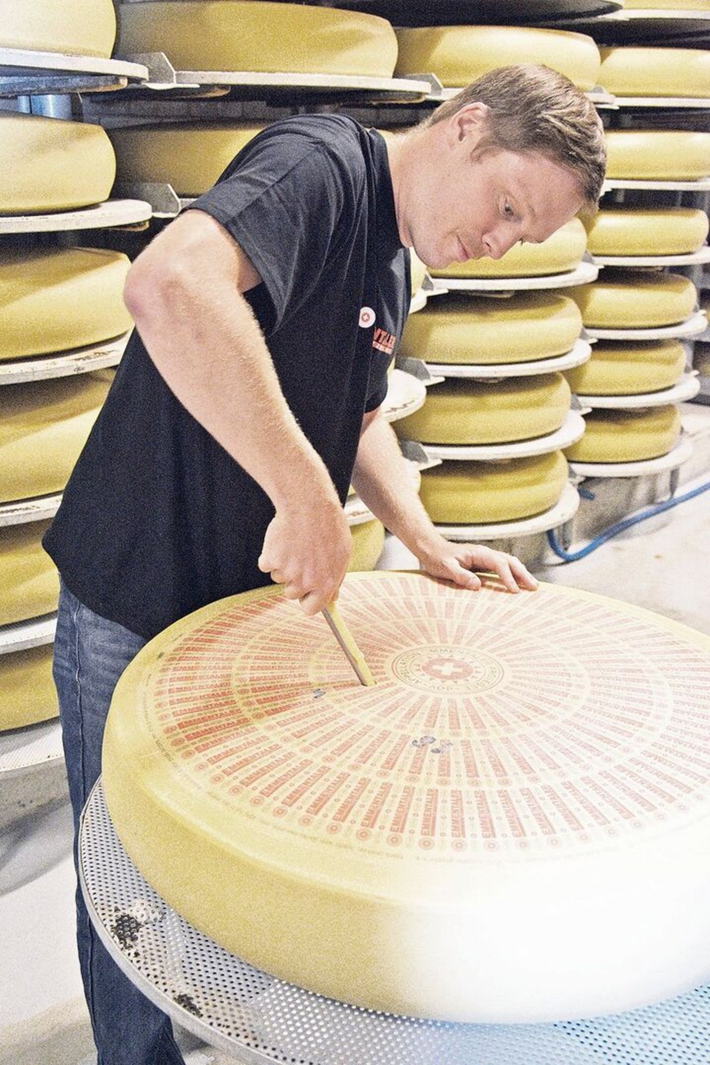 Hier sticht Lukas Känel einen Emmentaler AOP an: Aussehen, Lochung und Geschmack, einfach hervorragend.