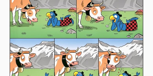 Wenn Gras gut für die Kühe ist, kann es ihm wohl auch nicht schaden, denkt Globi. (Bilder Globi Verlag)