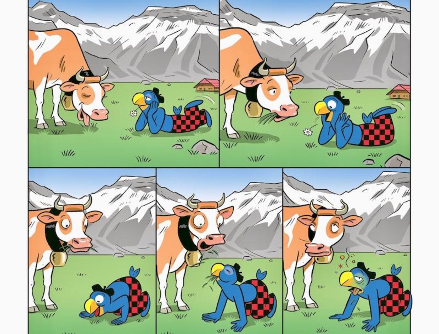 Wenn Gras gut für die Kühe ist, kann es ihm wohl auch nicht schaden, denkt Globi. (Bilder Globi Verlag)