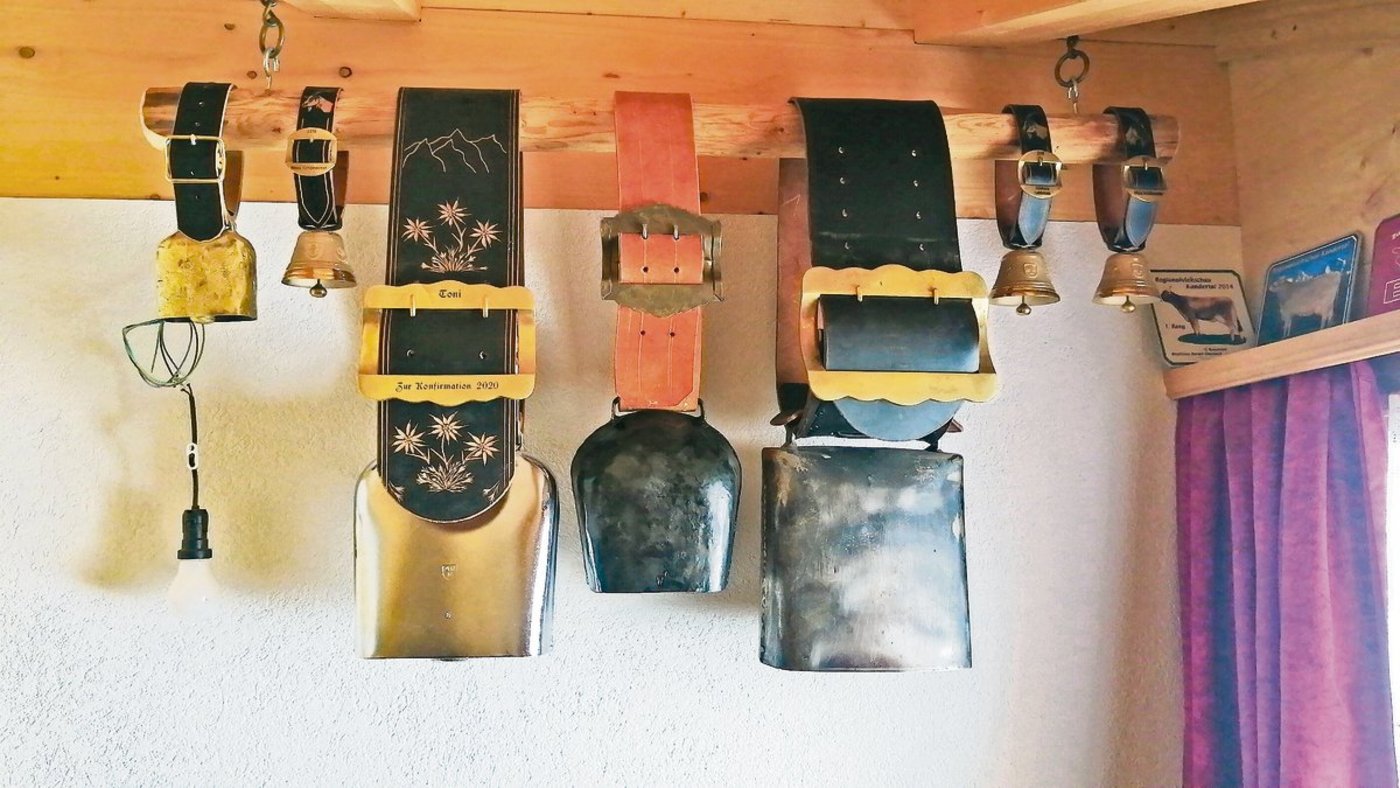 Toni Bergmanns  selbst gemachte «Glütlatte» und ein Teil seiner Treicheln. In der Mitte hängt  die neuste Anschaffung.(Bild Toni Bergmann)