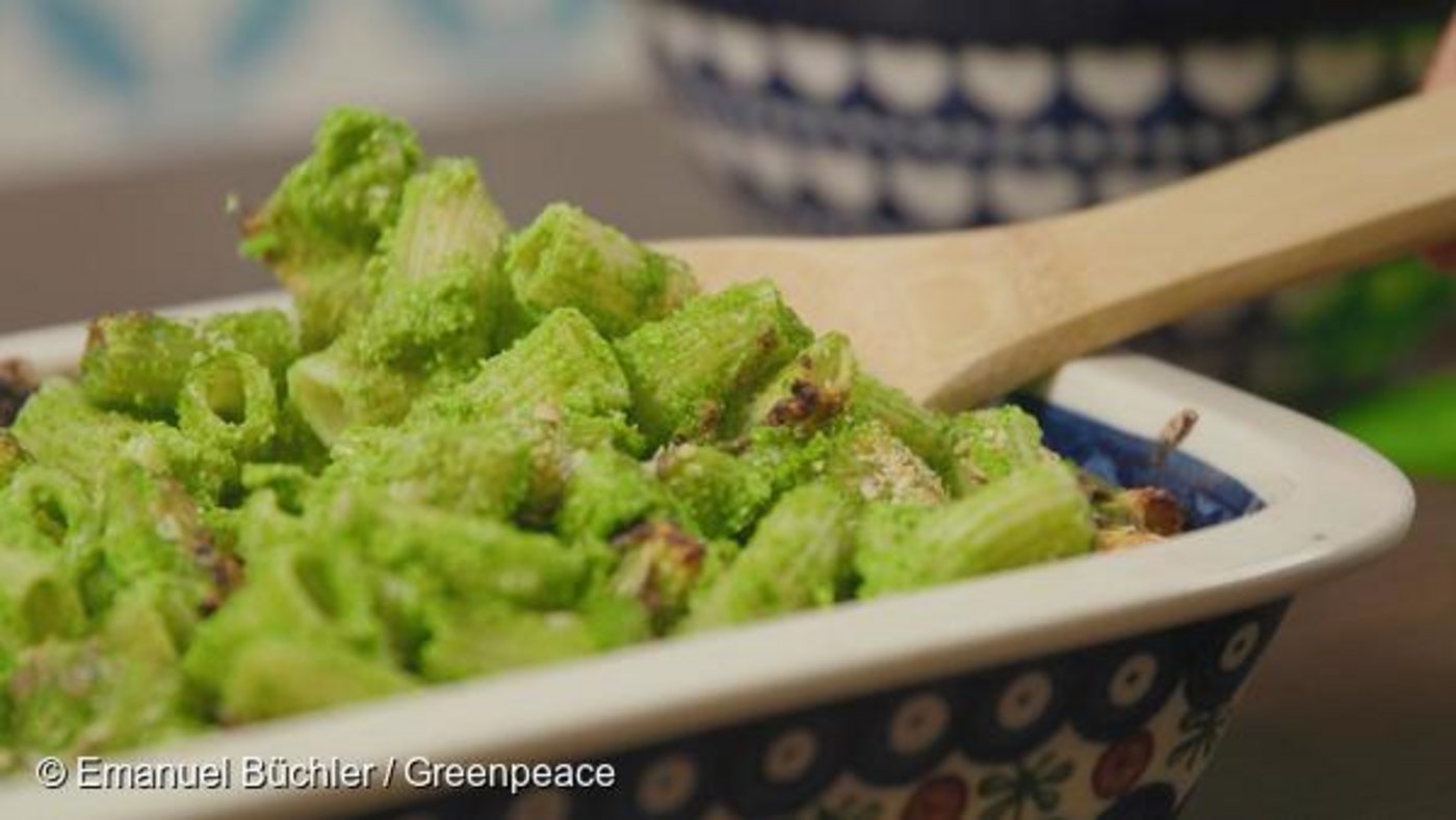 Dieser Gratin ist nicht nur farblich grün, sondern auch gut fürs Klima. Drei weitere unkomplizierte Rezepte laden zum Nachkochen ein. (Bild Greenpeace)