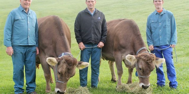 Drei Züchtergenerationen auf dem Betrieb Egli: Vater Hans, Betriebsleiter Hanspeter und Sohn Silvan mit ihrer Schöneutersiegerin Kroni und der Miss Raja. (Bild: Reto Betschart)