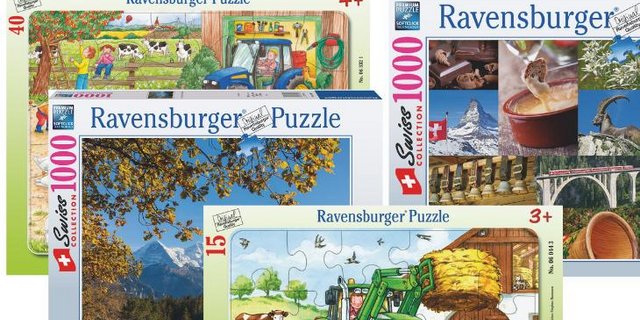 Bauernhof-Idylle für kleine Puzzler, ein stimmungsvoller Blick aufs Bergpanorama oder eine bunte Packung Swissness – diese Puzzles stehen zur Auswahl. (Bilder Ravensburger)