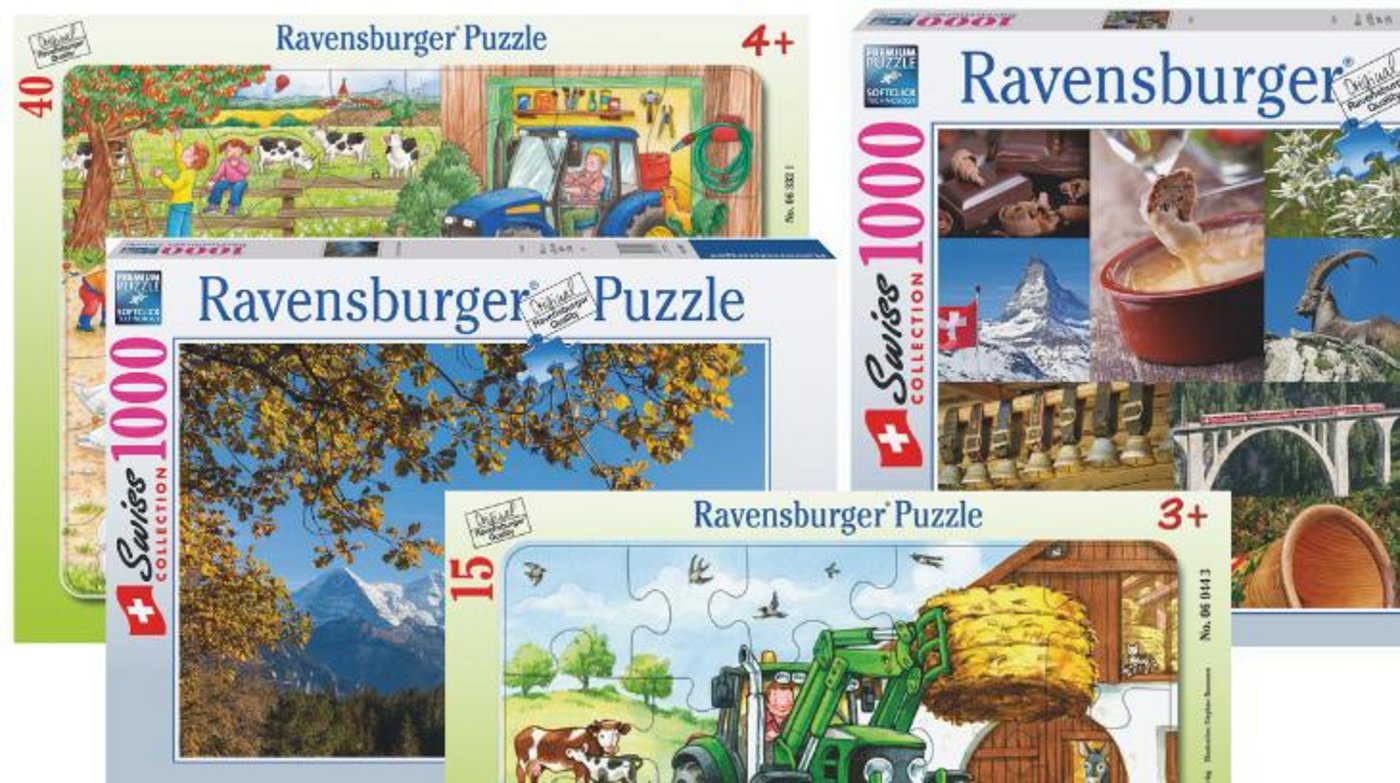 Bauernhof-Idylle für kleine Puzzler, ein stimmungsvoller Blick aufs Bergpanorama oder eine bunte Packung Swissness – diese Puzzles stehen zur Auswahl. (Bilder Ravensburger)
