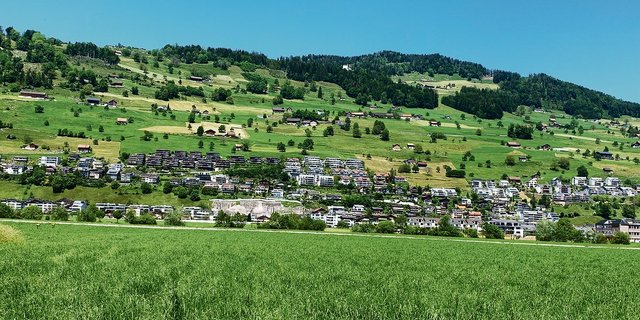 Blick an den unten dicht überbauten Bürgenberg bei Ennetbürgen. Wenn die Bauern oben in der Landwirtschaftszone ihre Scheunen erweitern oder neu bauen wollen, macht der Landschaftsschutzverband vermehrt Einsprachen.  (Bild Josef Scherer)