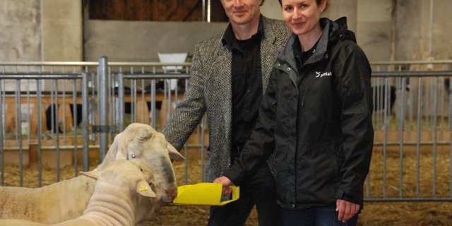 .Plantahof-Direktor Peter Küchler und Marisa Furger, Fachlehrerin für Fütterung und Kleinvieh, im modernen Schafstall. (Bild Vrena Crameri)