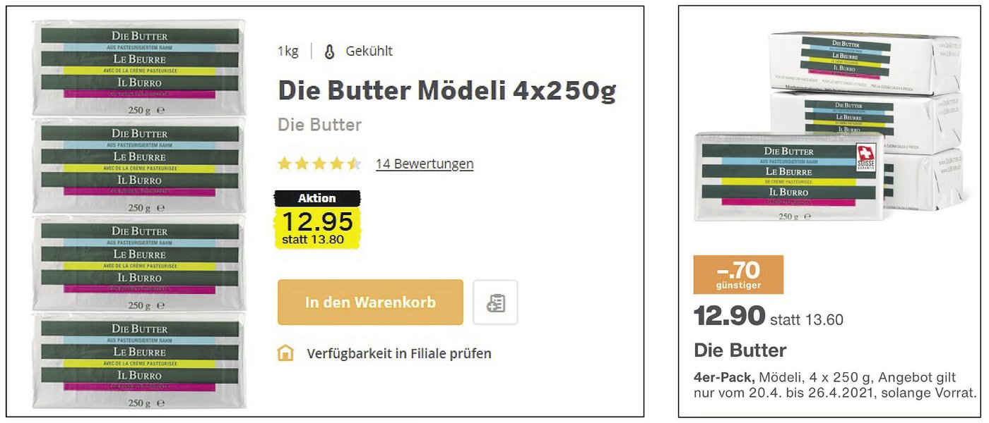 Purer Zufall? Nur eine Woche nach der Aktion von Migros (rechts) präsentierte auch Coop ein Sonderangebot für vier Mödeli «Die Butter». Einziger Unterschied: 5 Rp. Preisdifferenz. (Bild Screenshots)