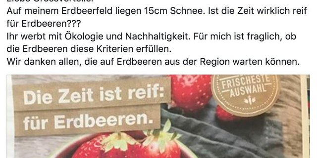 Nicht alles ist aus der Region und für die Region: Die Migros kriegt via Facebook dicke Post. (Screenshot Facebook Bäriswiler Erdbeeren).
