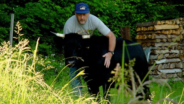 Beat Eggimann ist mächtig stolz auf seine kleine Bijoux. Die Dexterkuh entspricht den Zuchtzielen sehr schön. (Bild Beat Eggimann)