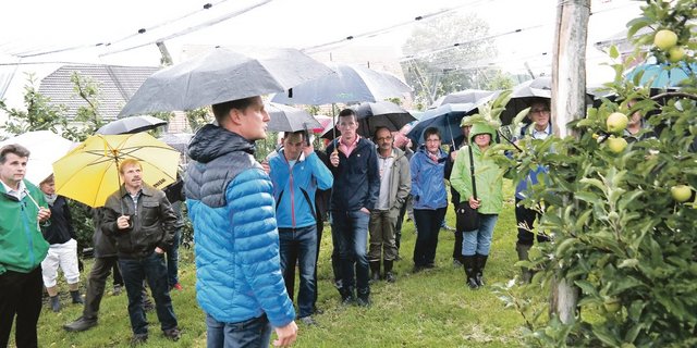Trotz Regen: Viel Aufmerksamkeit bei den Ausführungen von Christian Steiger (vorne) in der Obstanlage Chapf. (Bild jk)