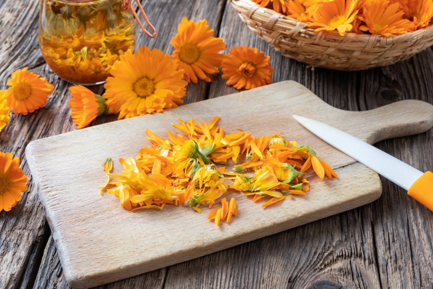Gegen kleine Wunden: Ringelbulmenöl. Im Garten wächst gegen ganz viele Wehwehchen ein Kraut. (Bild Adobestock)