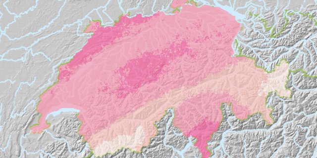 Die Hagelkarte zeigt die Wahrscheinlichkeit für unterschiedliche Hagelkorngrössen (je dunkler die Farbe, desto grösser) in unterschiedlichen Zeiträumen. So zeigt die Karte für 50 Jahre, mit welcher Korngrösse über lange Sicht gesehen im Mittel einmal in 50 Jahren bzw. einer Wahrscheinlichkeit von 2% pro Jahr zu rechnen ist. (Bild Screenshot Karte Meteo Schweiz)