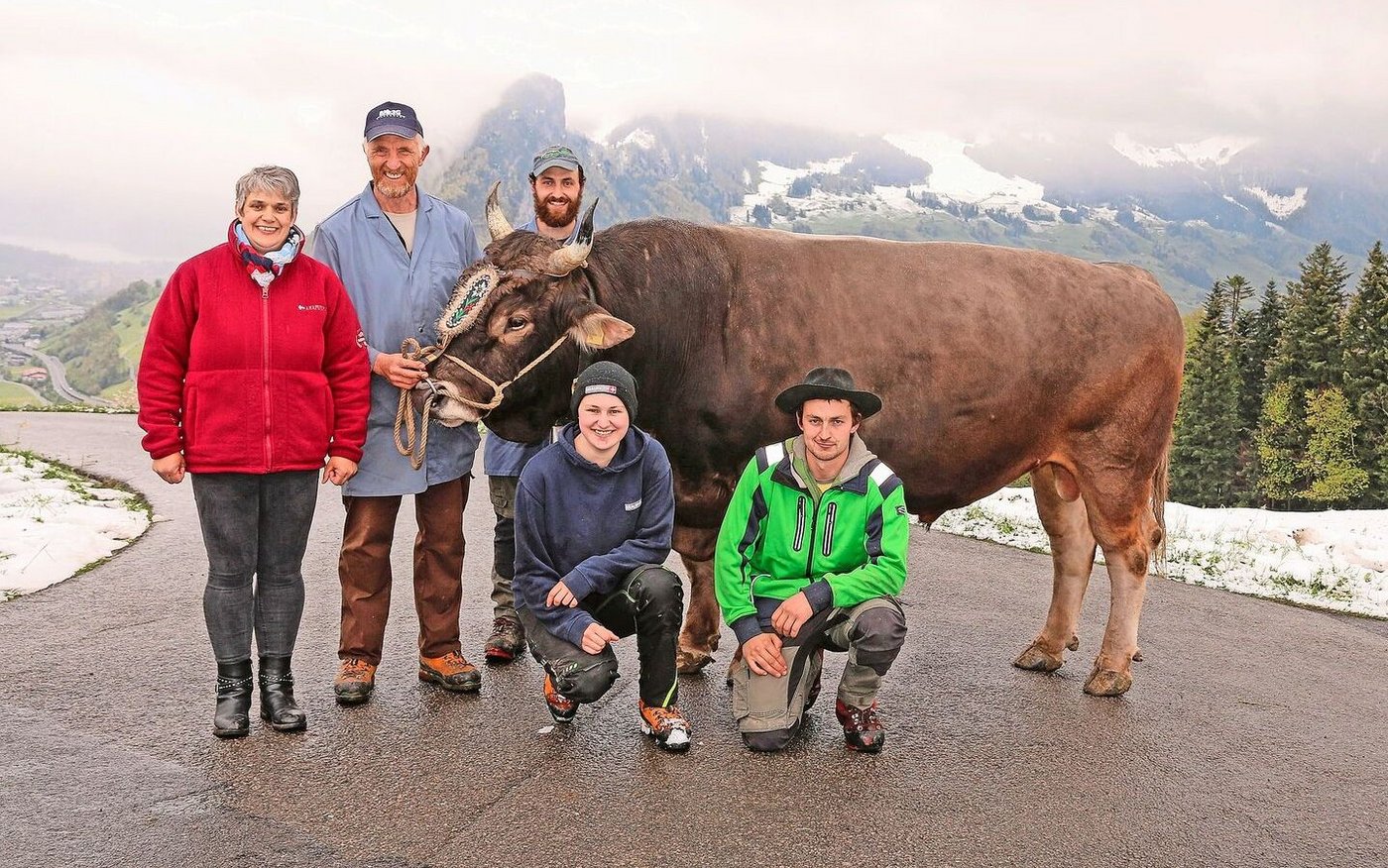 Die Schwyzer Familie Annemarie und Erwin Appert mit Martin, Julia und Roland präsentieren Muni Konsti mit Nachkommen.