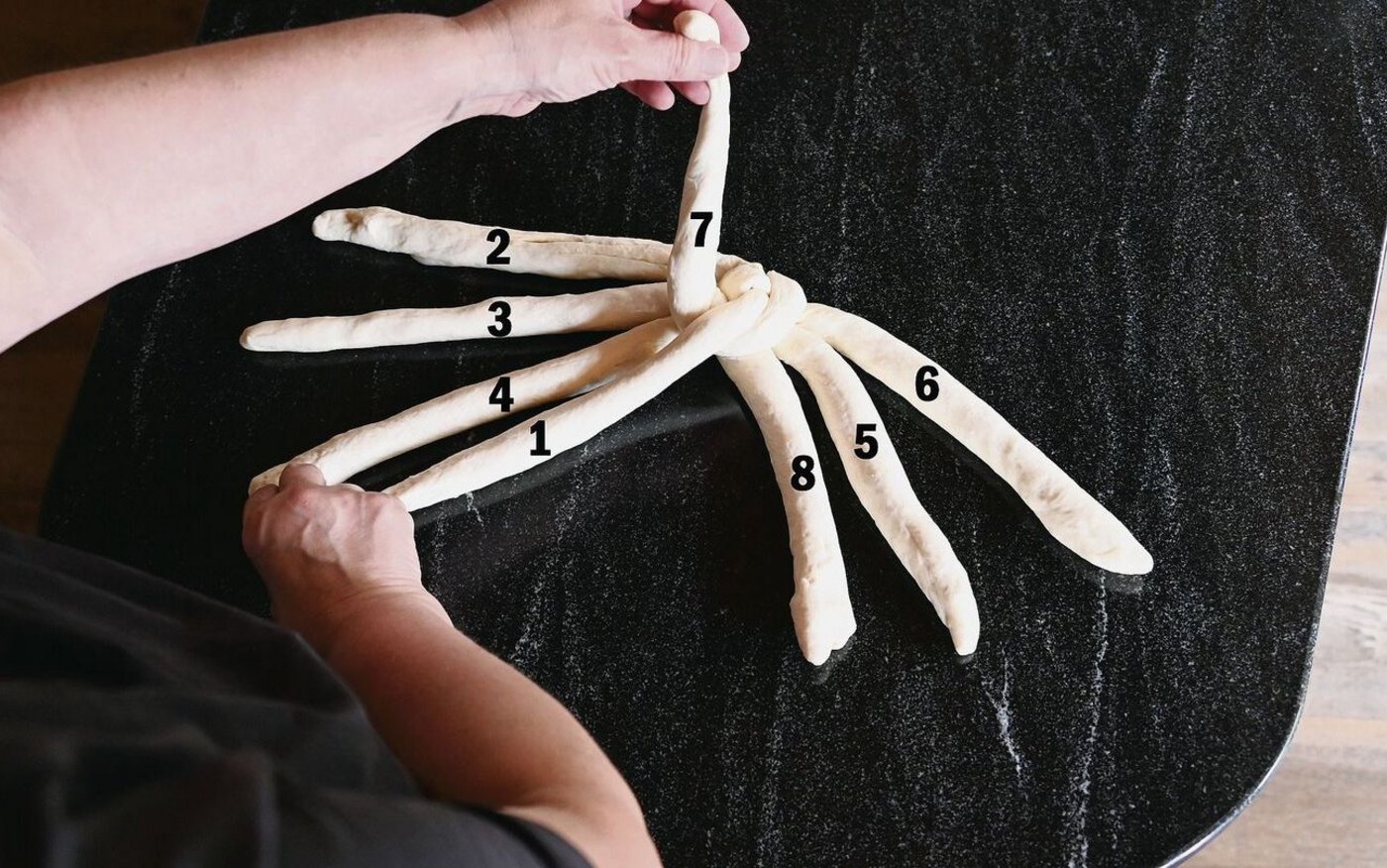 Mit der linken Hand Strang 7 holen, kreuzen. Rechte Hand legt Strang 1 neben Strang 4, die linke behält Strang 7 in der Hand. 