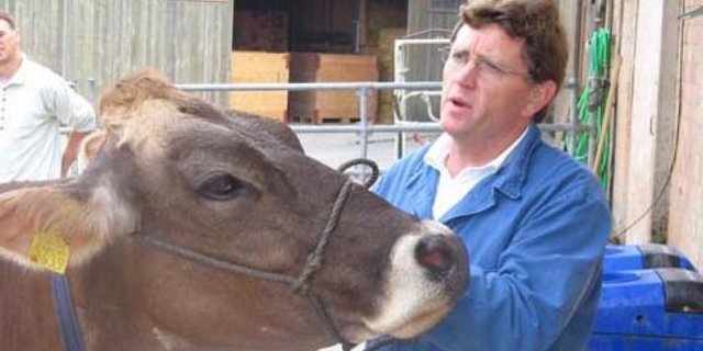 Ein passionierter Braunviehzüchter: Peter Gfeller präsentiert eines seiner Tiere vor internationalen Agrarjournalisten. (Bild akr)