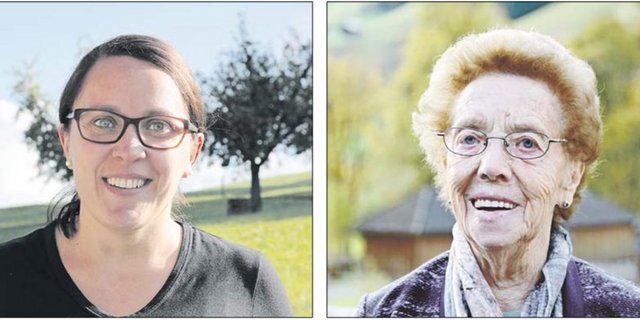 Bäuerinnen heute und früher: Martina Barmettler (links), Jungbäuerin seit Neujahr, und Theres Bleisch, die auf eine lange Zeit als Bäuerin zurückblicken kann.  (Bilder asw)