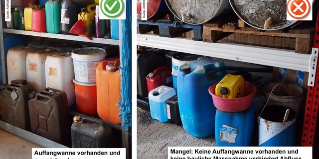 Pflanzenschutzmittel müssen mit einer ausreichend grossen Auffangwanne gelagert werden. (Bilder Agridea)