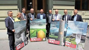 Markus Ritter, Marce Markus Ritter, Marcel Dettling, Gerhard Pfister, Fabio Regazzi, Daniel Fässler und Erich von Siebenthal (v. l. n. r.) erläuterten ihre Argumente.