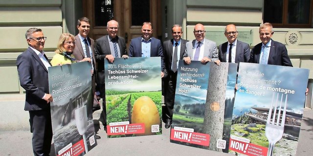 Markus Ritter, Marcel Dettling, Gerhard Pfister, Fabio Regazzi, Daniel Fässler und Erich von Siebenthal (v. l. n. r.) erläuterten ihre Argumente.