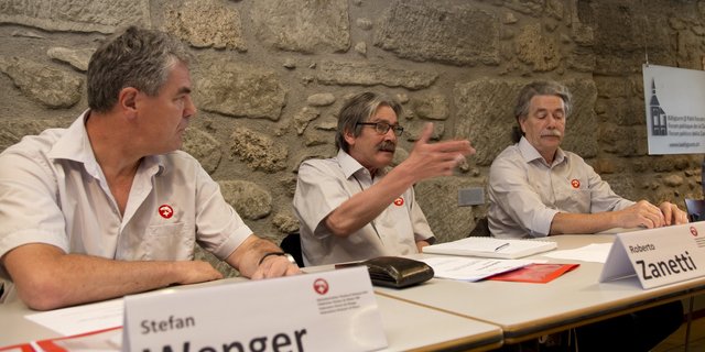 Vizepräsident Stefan Wenger, Zentralpräsident Roberto Zanetti udn Geschäftsführer Philipp Sicher an der Medienkonferenz in Bern. (Bild ji)