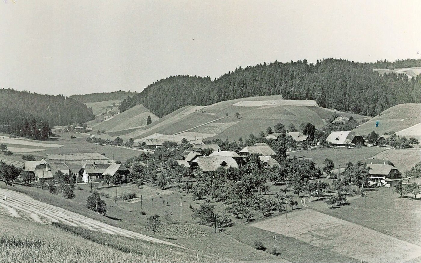 Das Dorf Obergoldbach im tiefsten Emmental. Obwohl das Bild schon fast 50 Jahre alt ist, hat sich Obergoldbach bis heute nicht gross veränder und ist ein Bauerndorf geblieben.