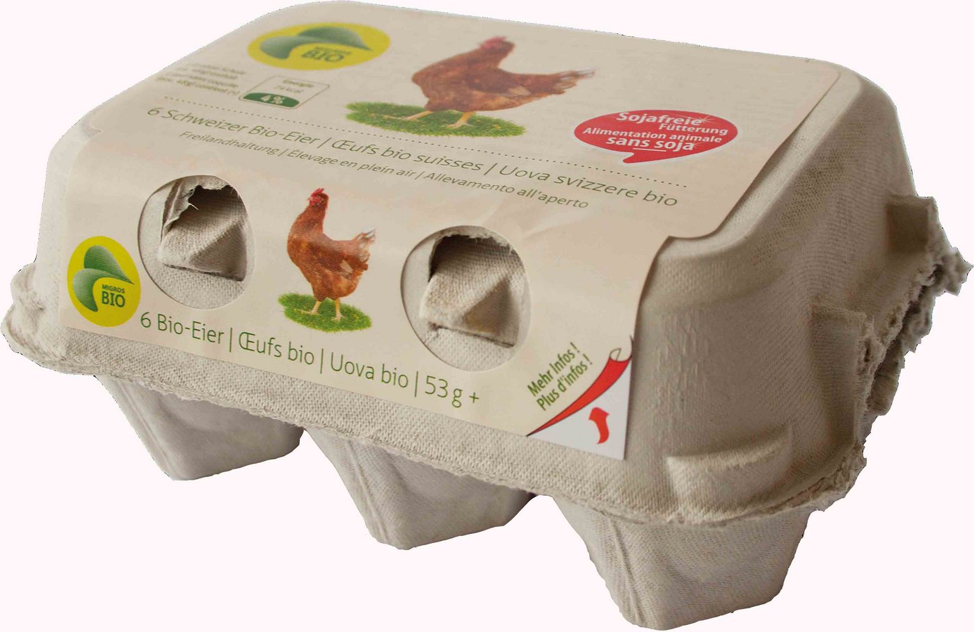 «Ohne Soja-Fütterung» steht auf der roten Sprechblase – das Label für die Bio-Eier, dessen Legehennen Sonnenblumenkuchen fressen. (Bild zVg)