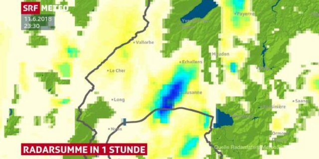Um 23 Uhr fielen in Lausanne in nur 10 min 41.1 mm. (Screenshot SRF)