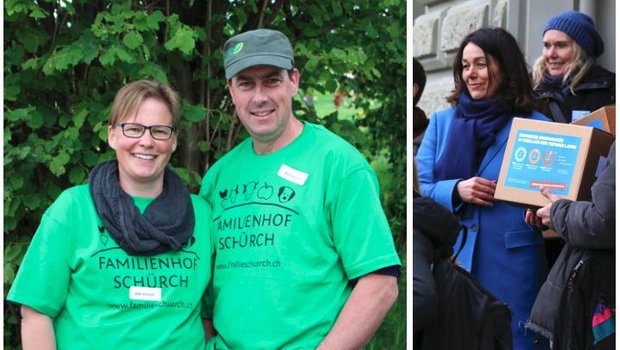 Gabi Schürch (links, mit ihrem Mann Beat) wollte von Franziska Herren (rechts) wissen, ob Konsumenten bereit sein werden, mehr Bio zu kaufen. (Bilder zVg)