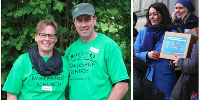 Gabi Schürch (links, mit ihrem Mann Beat) wollte von Franziska Herren (rechts) wissen, ob Konsumenten bereit sein werden, mehr Bio zu kaufen. (Bilder zVg)