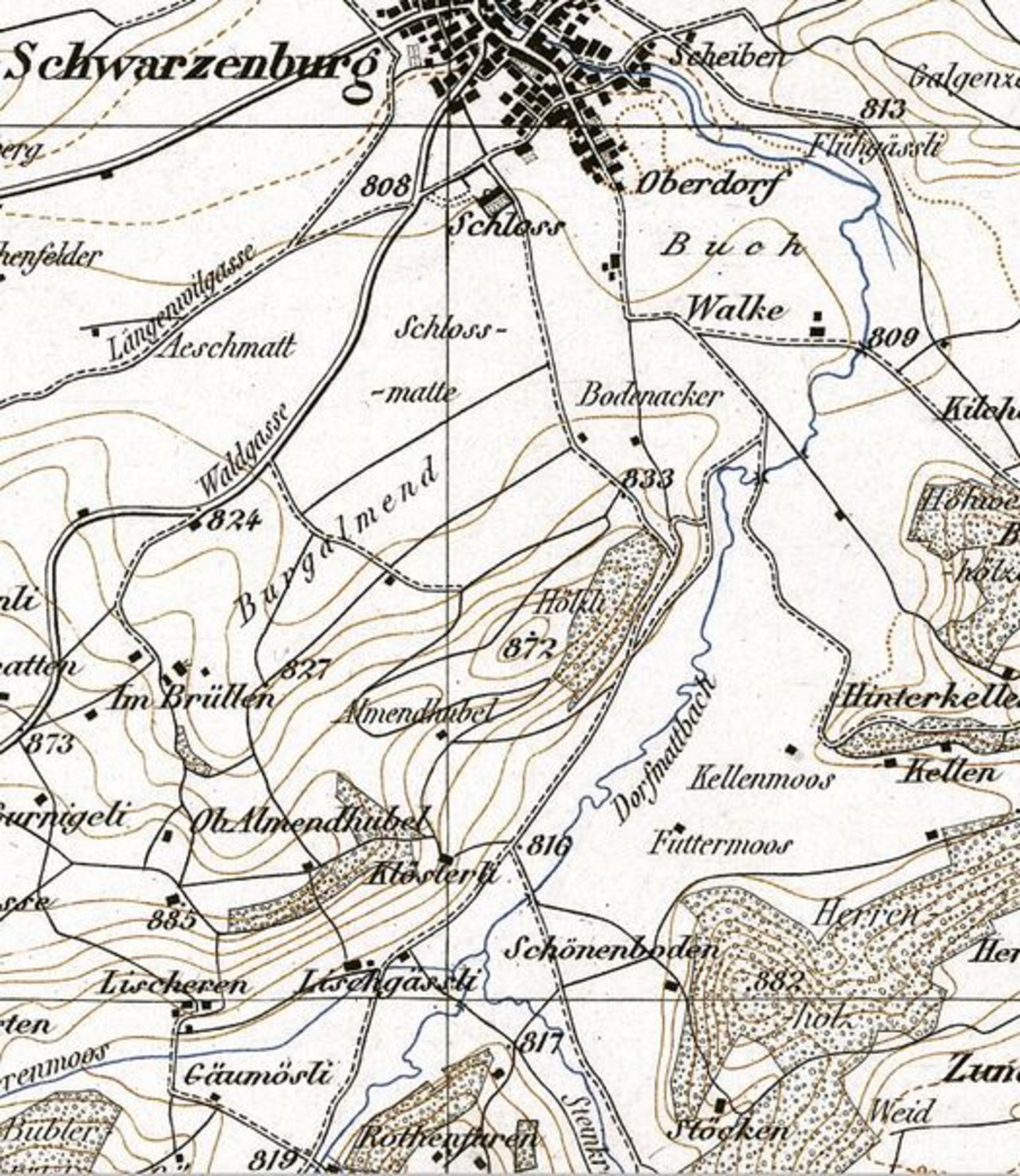 Schwarzenburg im Jahr 1874. Der Dorfbach, der durch die Dorfmatte fliesst, mäandriert.