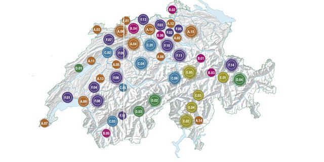 Die Klimawandel-Karte zeigt die land- und forstwirtschaftlichen Projekte in pinker und grüner Farbe. (Bild Bafu)