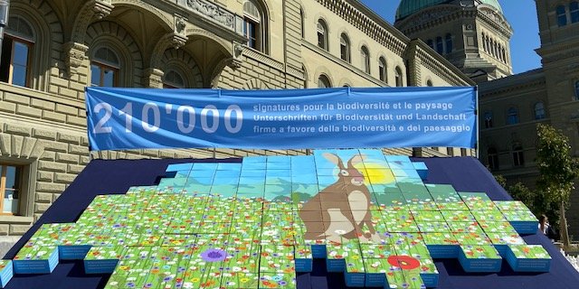 Präsentation der Unterschriften für die Doppelinitiative in Puzzleform vor dem Bundeshaus. (Bild akr)