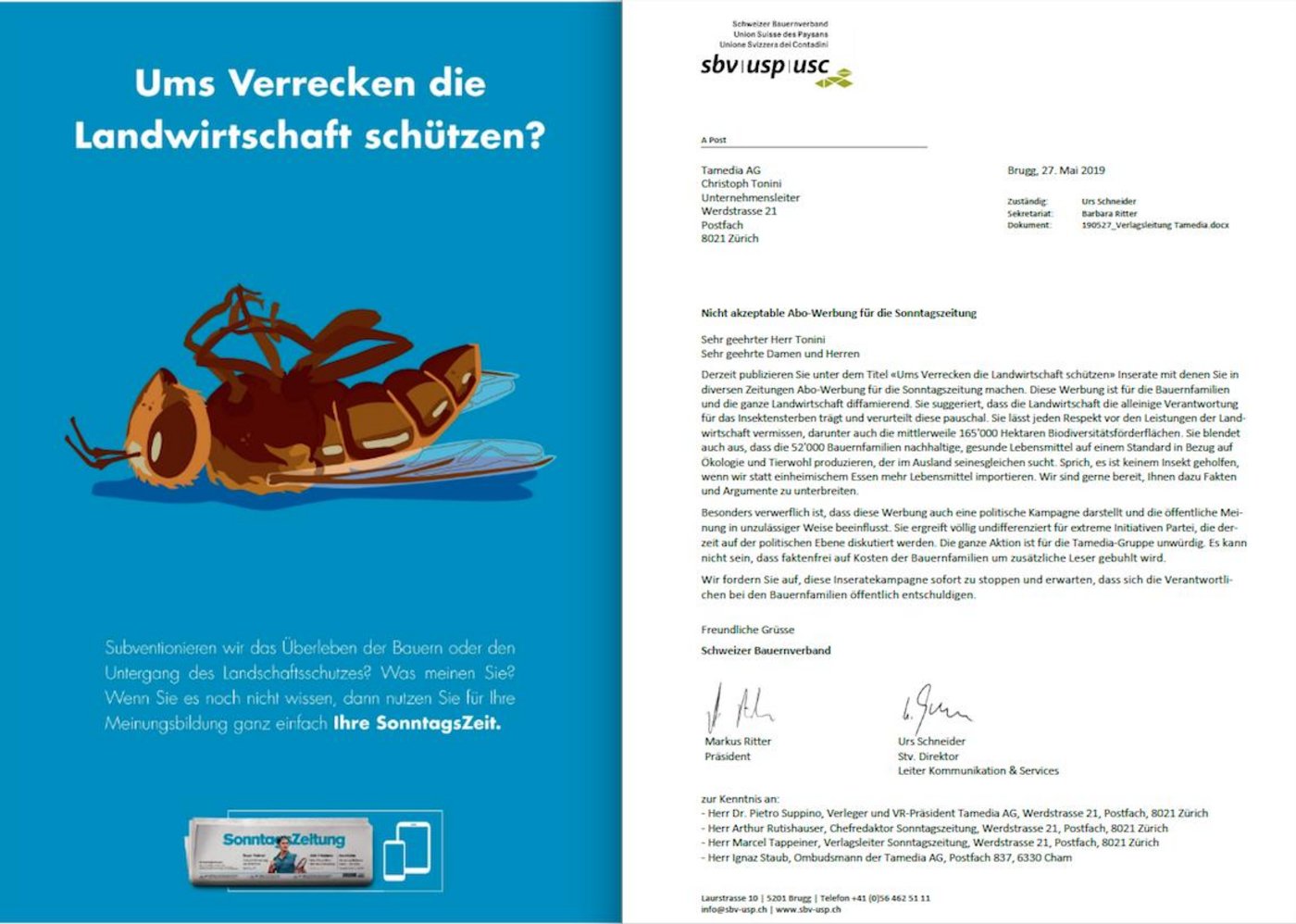 Das Inseratesujet der Tamedia und das Protestschreiben des SBV. (Bildmontage sbu)