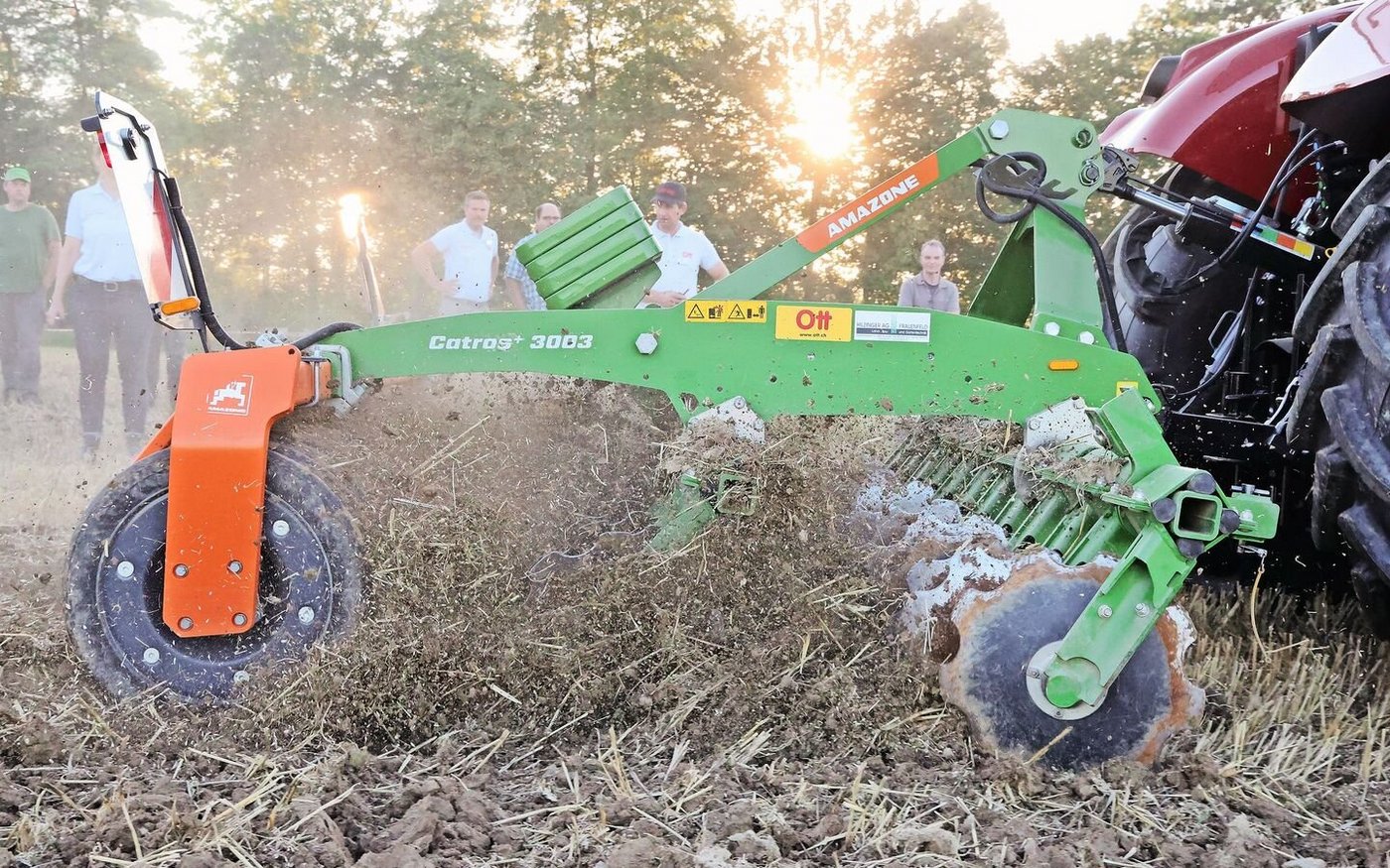 Die gezackten Scheiben der Catros 3003 durchschneiden das Stoppelfeld und durchmischen die obere Bodenschicht. In Kombination mit einer Messerwalze eignet sich diese Scheibenegge auch fürs Einarbeiten von Gründüngungen.