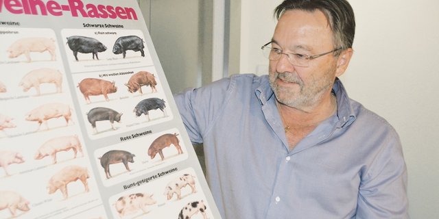 Das Schweinerassen-Poster begleitete ihn sein Berufsleben lang: Lehrer und Berater Hans-Peter Albrecht. (Bild aem)