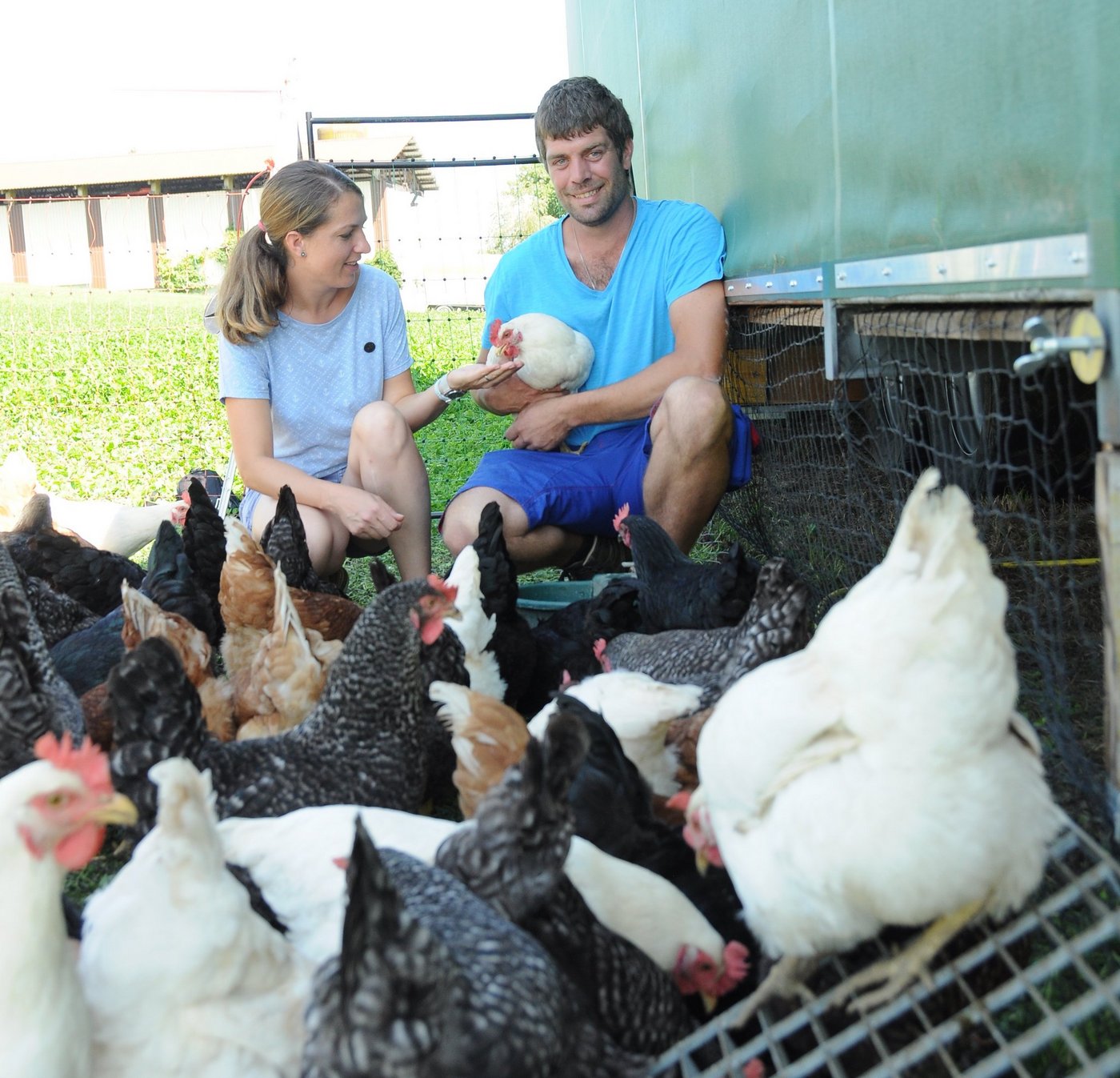 Gesche und Ralph Buholzer umringt von ihrer bunten Legehennenschar. Die Eier verkaufen sie in einem Automaten direkt an der Hauptstrasse oder auf dem Dorfmarkt. (Bild ag)
