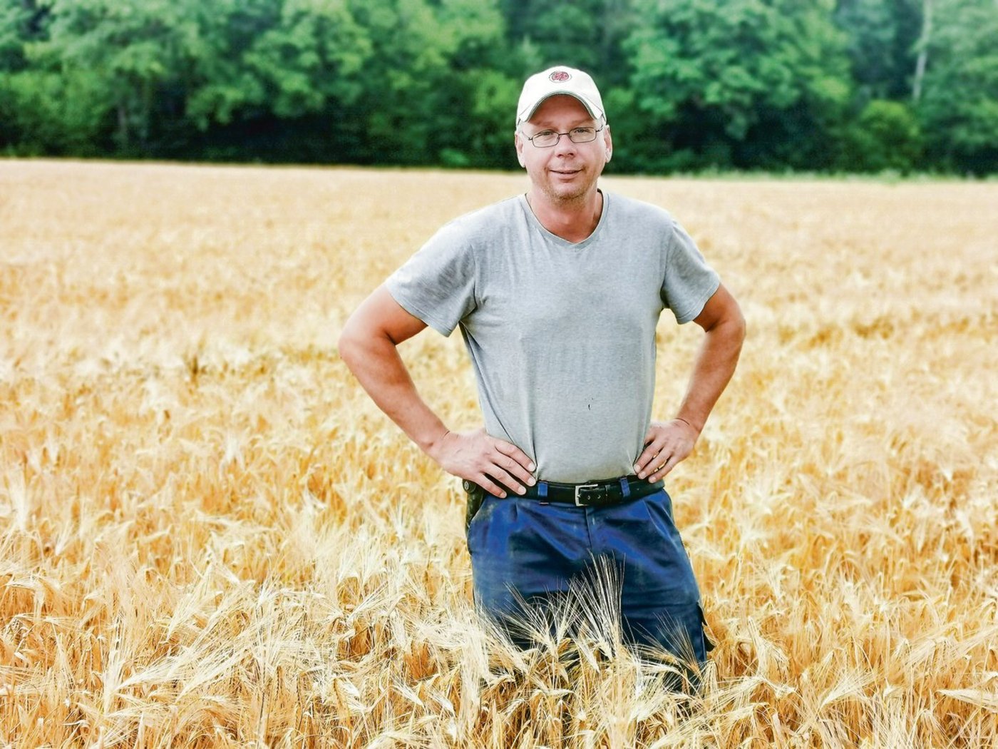 Markus Dietschi in seiner Gersten-Kontrollparzelle. Diese präsentiert sich analog der letzten Jahre. Anders sah es in der Versuchsparzelle aus. Sie war stark verunkrautet. (Bild sb)