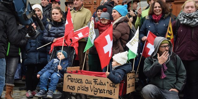 Die rund 200 Demonstranten reisten vor allem aus den Westschweizer Weinbaukantonen an. Auch die Kleinsten waren mit dabei. (Bilder jw)