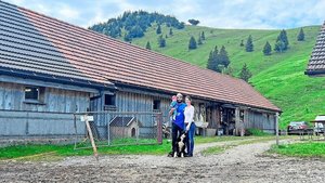 Die Familie Fieg verbringt diesen Sommer mit 54 Melkkühen, 24 Schweinen, 5 Hühnern, einem Hund und einer Katze auf der Alp.