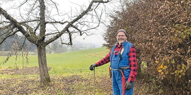 Paul Aeschimann vor einem fertig geschnittenen Apfelbaum der Sorte Boskoop. Auf seinem Betrieb stehen etwa 100 Hochstämmer, vor allem Apfelbäume.