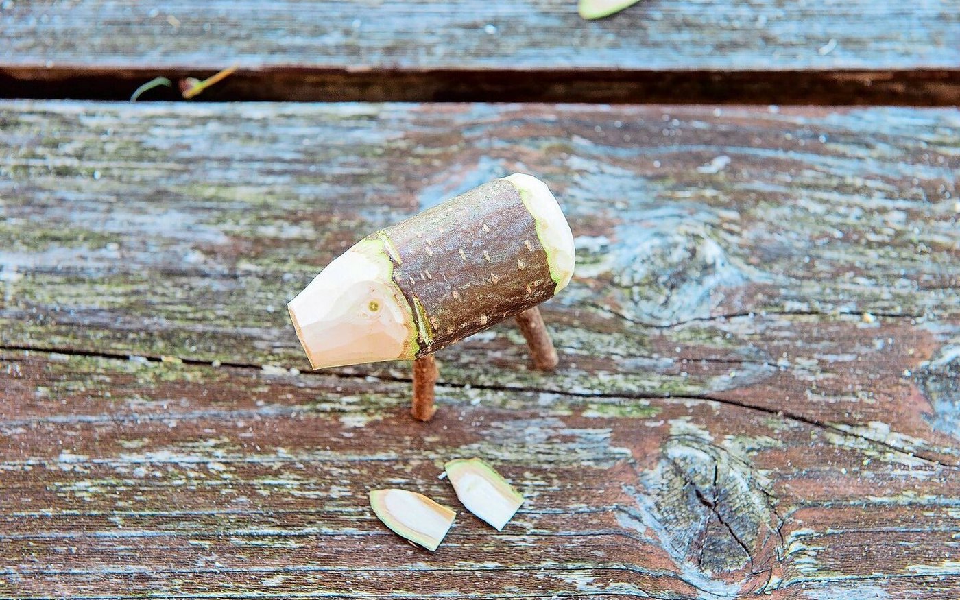 Einkerbungen für die Ohren machen und die Rinde ankleben.