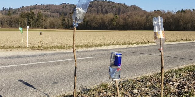 Ein Zeichen gegen Littering. Die Verschmutzung wird sichtbar gemacht: Dosen von Bier und Energy-Drinks sowie Pet-Flaschen sammeln sich zwischen Scheuren und Dotzigen BE. Weggeworfen von rücksichtslosen Autofahrern. (lid ji)