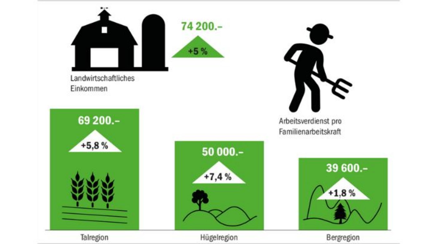 Nicht nur das durchschnittliche Einkommen nahm 2019 zu, auch der Arbeitsverdienst pro Familienarbeitskraft stieg an. Dieser legte in der Hügelregion am deutlichsten zu. (Grafik Agroscope/BauZ)
