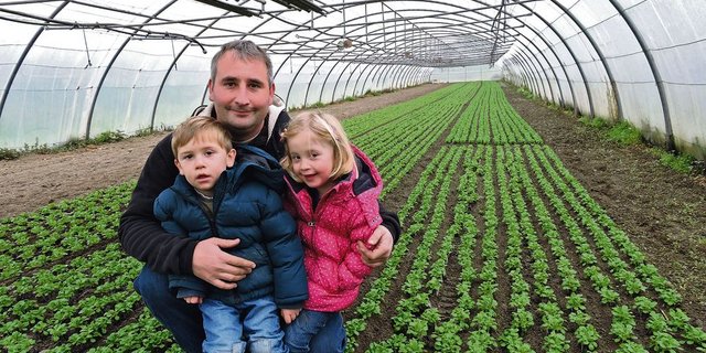 Gemüsebauer Christoph Johner mit den dreieinhalbjährigen Zwillingen Julian und Leonie im Gemüsebautunnel, wo Nüssli-Salat wächst. (Bild Josef Jungo)