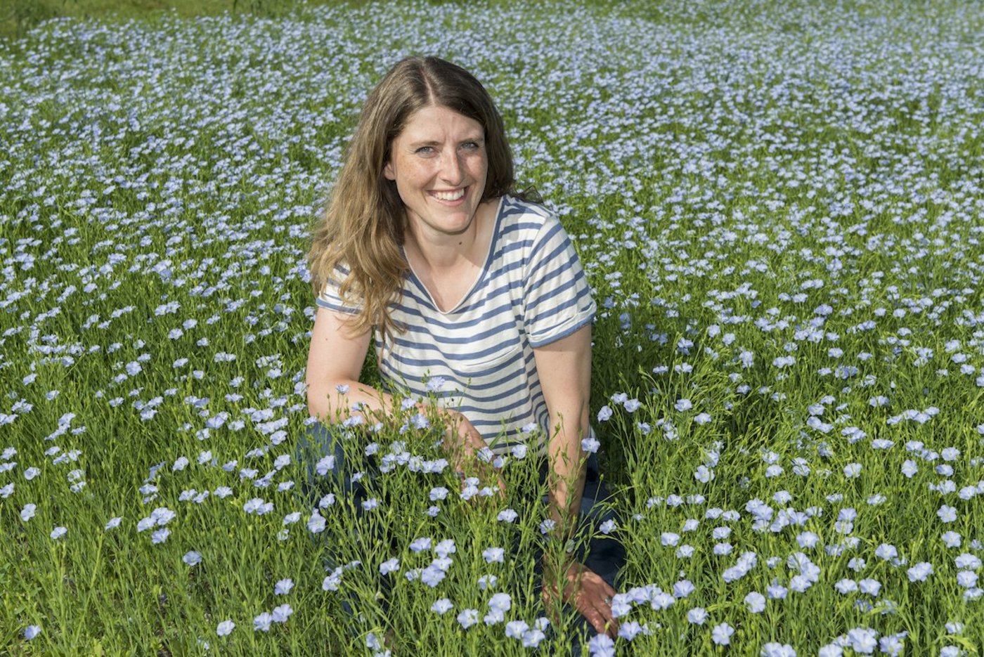 Anna Böhlen inmitten eines blühenden Leinfeldes. (Foto: Miriam Kohlmann)