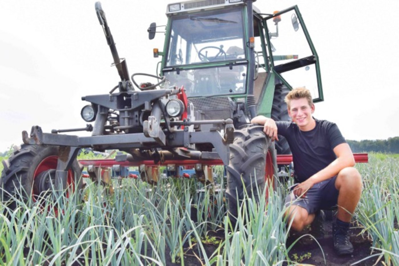 Yannick Etter im Lauch bei der mechanischen Unkrautbekämpfung mit dem Fendt 380 GT und der Fingerhacke. (Bild jw)