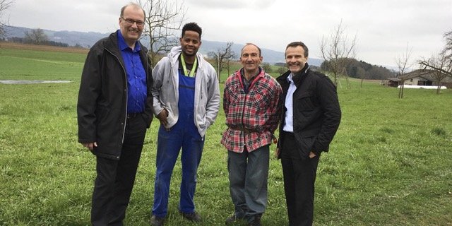 Markus Ritter (SBV-Präsident), Tesfu Adhanom (auszubildender Agrarpraktiker), Markus Ramser (Betriebsleiter) und Urs Schneider (stv. Direktor SBV) auf dem Hof im Kanton Thurgau. (Bild SBV)