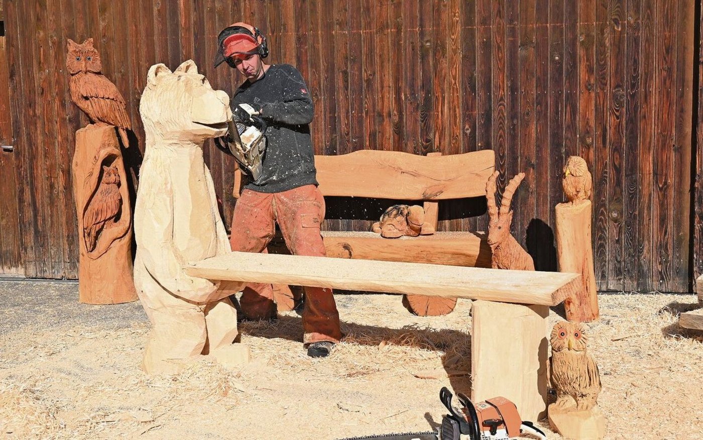 Egal ob Sitzbank, Tisch, Brunnen, Fahrzeuge, Bär, Steinbock oder Schildkröte – Reto Gertsch erfüllt mit seinen verschieden grossen Kettensägen die unterschiedlichsten Kundenwünsche. 
