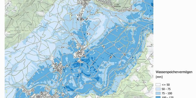Karte zum Wasserspeichervermögen am Fusse des Waadtländer Jura. Gebiete mit den tiefsten Reserven entsprechen Wald oder sehr steinigen Gebieten.Bild: HAFL